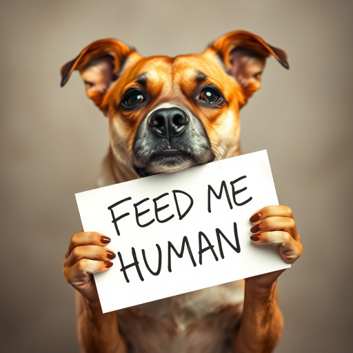 dog holding a note which says "FEED ME HUMAN"