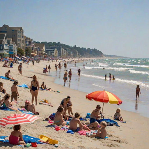 Lively beach scene during summer, with families enjoying the sun, children building sandcastles, and colorful umbrellas dotting the sandy shore, capturing the essence of a perfect day.