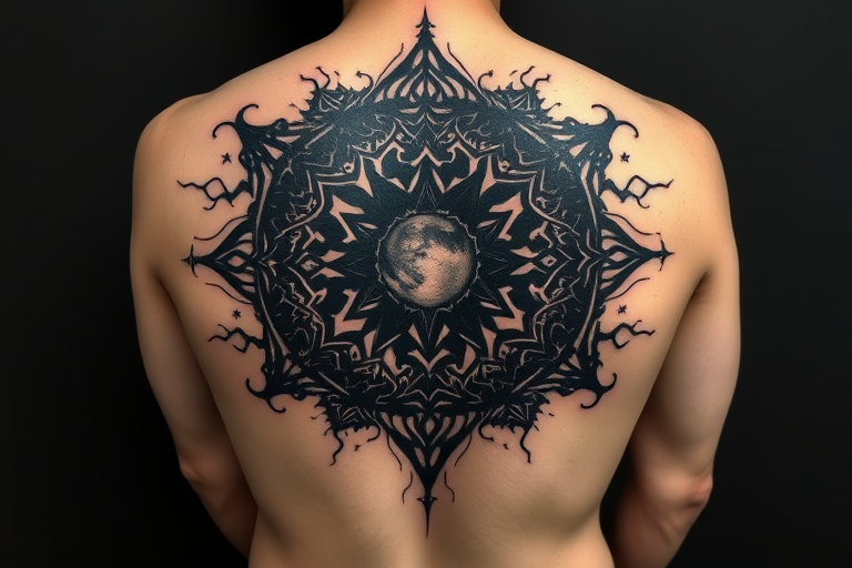Blackout negative space tattoo named "Cosmic Void" featuring large areas of solid black ink with intricate designs carved out to reveal skin, creating a striking contrast