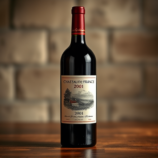 A high-quality image of a wine bottle labeled "ChateaudeFrance 2001" with a detailed illustration on the label, captured using a Canon EOS 5D Mark IV with a 50mm lens at f/2.8, ISO 100, and a softbox light setup to enhance reflections and textures.