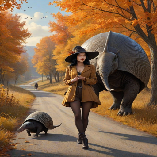 digital art fantasy depicting a strange girl with black hair, long eyelashes, orange lipstick and a tall hat walking along a winding road on an autumn afternoon, an armadillo smiles as he passes