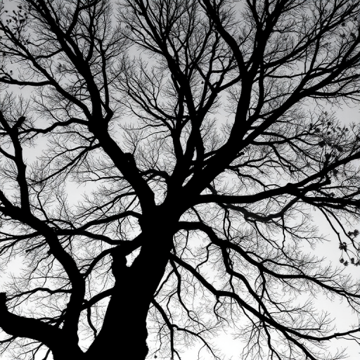 Create a high-resolution black and white silhouette of a tree with intricate branches and leaves, captured with a Canon EOS R5 at f/8, ISO 100, 1/250s, with a 50mm lens using a shallow depth of field from a low angle view against a clear sky background.