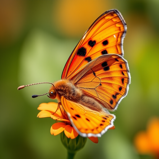 Close-up of a vibrant orange butterfly with striking patterns perched on a flower, shallow depth of field, soft bokeh background, natural lighting, shot with a DSLR camera at f/2.8, 100mm lens, ISO 200, 1/250s shutter speed.