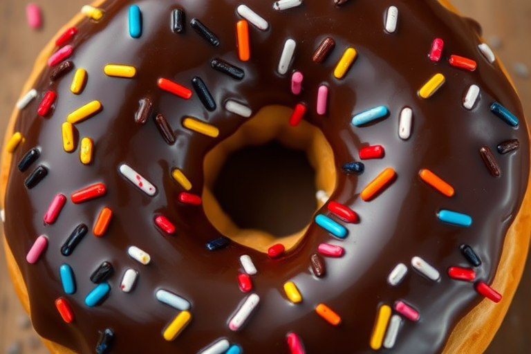 a delicious chocolate frosted donut with colorful sprinkles, taken with a macro lens at f/2.8 aperture, 1/100s shutter speed, ISO 200, top-down view, soft natural lighting, high-resolution digital camera