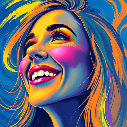 Generate a psychedelic portrait of a woman's happy face with brushstrokes of a woman smiling and looking up at the sky, emphasizing bright and bold colors. The dominant color should be deep blue, with swirling patterns of yellow, green, pink, purple and orange. open blue eyes with long eyelashes, apply an orange-yellow eyeshadow for a mesmerizing effect.