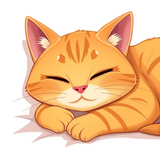 Create a cartoon illustration of a sleeping orange tabby cat with exaggerated features, overlay a soft, warm color palette, use a digital art style, and simulate a 50mm lens with a shallow depth of field at f/2.8 for a dreamy effect and increased brightness.
