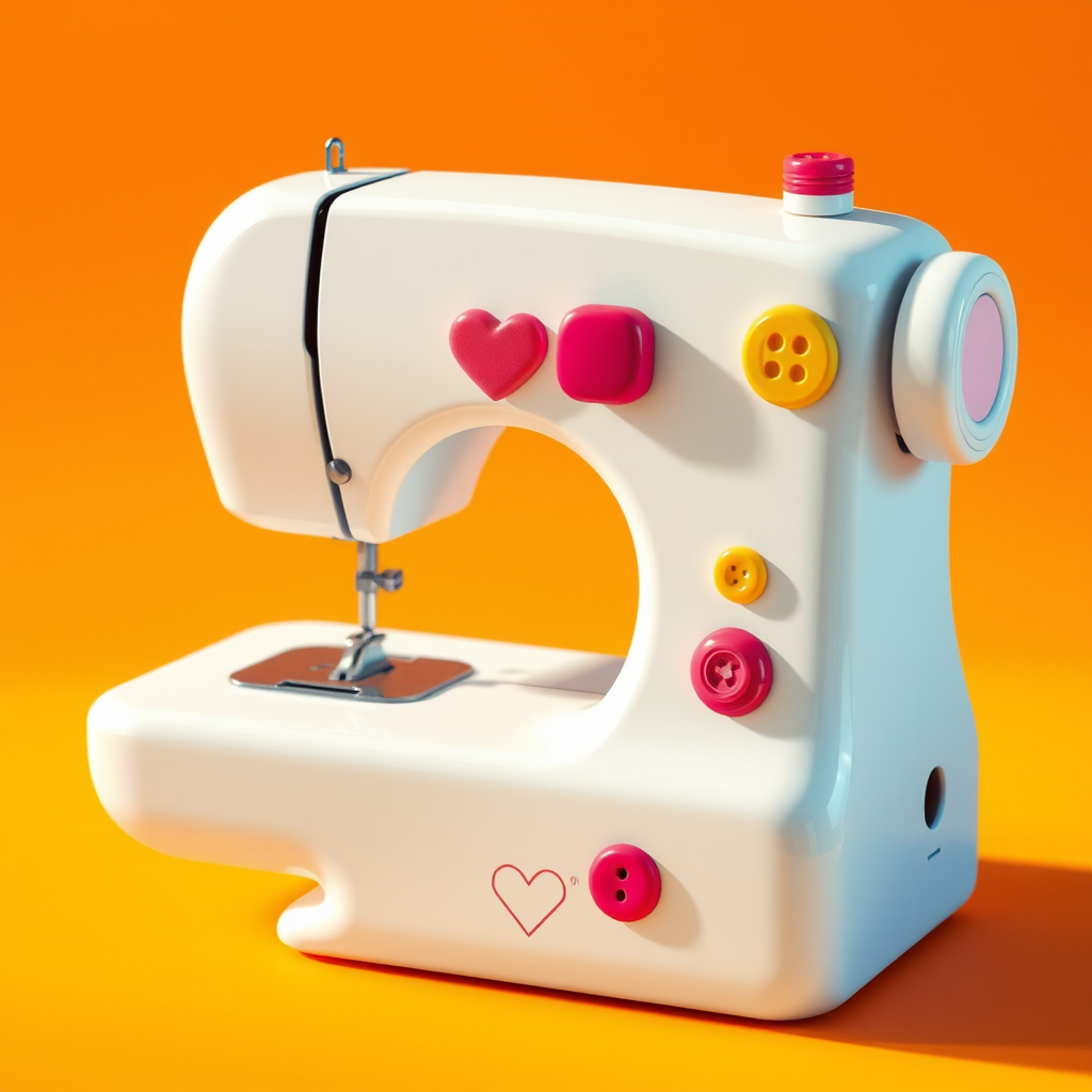 create a high-quality illustration of a whimsical sewing machine with colorful buttons and a heart design, 4k resolution, captured from a slightly elevated angle, using a soft-focus lens effect for artistic flair, digital artwork, brightly colored background for contrast