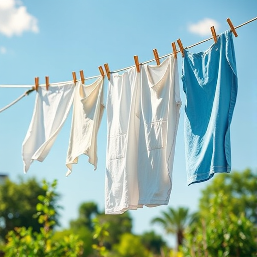 Generate an illustration of laundry hanging on a clothesline with a focus on detail and texture, set with a 50mm lens at f/2.8, ISO 100, in natural lighting, using a DSLR camera to enhance image quality.