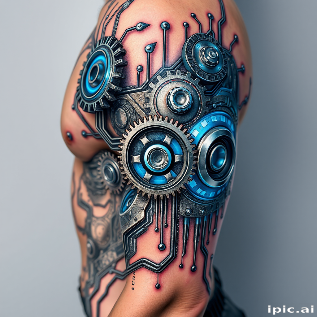 Realistic 3D biomechanical tattoo titled "Cybernetic Fusion" depicting hyper-detailed mechanical gears and circuits seamlessly blending with human anatomy using shades of metallic silver and electric blue