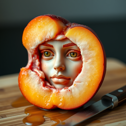 A hyperdetailed photorealistic macro color saturated high resolution image of a peach cut in half, with the peach pit being a highly detailed sculpted woman's face with her eyes open and peach-colored irises. The face has a marble texture. The image includes condensation, moisture, and peach juice. The peach is on a wooden cutting board with a small fruit knife nearby, also covered with juice.