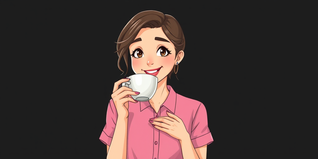 Create a digital illustration of a woman in a pink shirt holding a cup of tea with a playful expression, set against a solid black background, using a 50mm lens, f/1.8 aperture, and soft lighting to enhance details and colors.