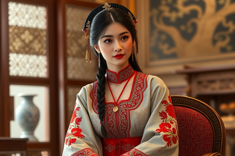 A beautiful Armenian woman in traditional East Asian attire, intricately detailed with embroidered patterns, sitting gracefully in a richly decorated room, soft ambient lighting, serene and elegant, ultra-realistic, 8K resolution