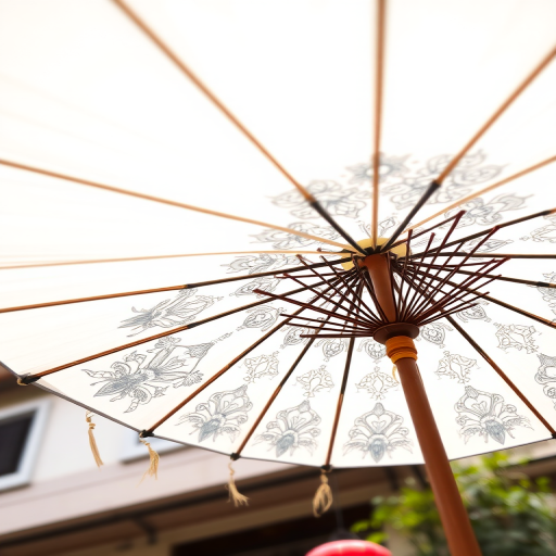 Create a detailed sketch of a traditional parasol with intricate patterns on the canopy, using a 50mm lens, f/8 aperture, natural lighting, shot from a low angle with a DSLR camera to enhance image clarity and depth.