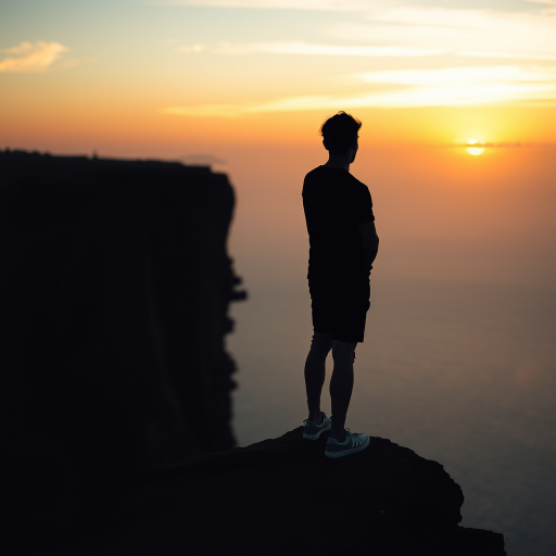 Generate a high-resolution image of a silhouette of a person standing on a cliff at sunset with a view of the horizon, using a DSLR camera with an aperture of f/8, ISO 100, focal length of 50mm, shot in landscape orientation to enhance depth and clarity.