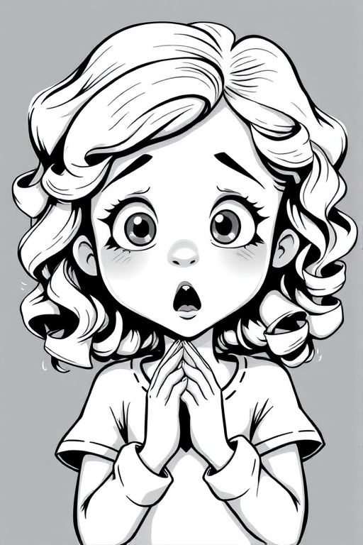 The image is a black and white illustration of a young girl with curly hair. She has a surprised expression on her face with her mouth open and her hands clasped together in front of her chest. Her eyes are wide and her eyebrows are furrowed. Her hair is styled in loose curls that are cascading down her back. The overall mood of the image is one of shock or surprise.