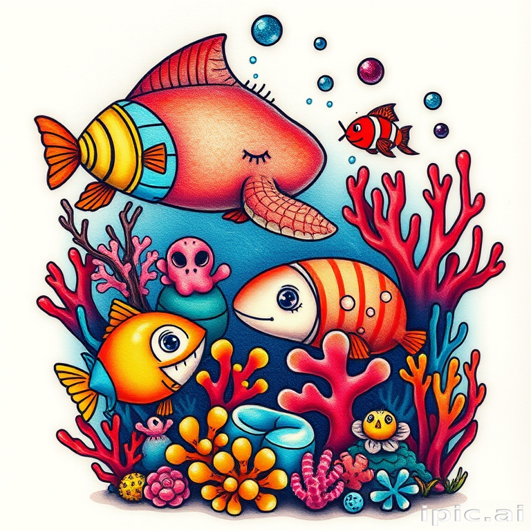 Whimsical new school tattoo of a colorful underwater scene, showcasing cartoonish sea creatures and vibrant coral reefs, incorporating exaggerated proportions and playful color gradients