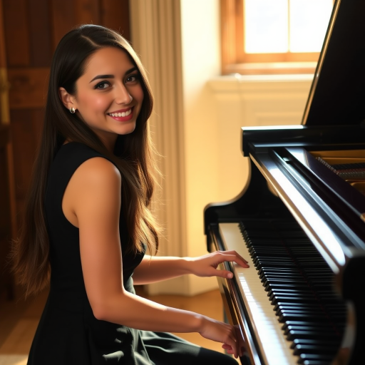 A young woman with long, dark hair smiles at the viewer as she sits at a grand piano, her right hand poised over the keys. The scene is lit by warm, natural light, highlighting the elegant simplicity of the woman's black dress. The perspective is from the side, emphasizing the contrast between the woman's delicate form and the grand scale of the piano. The ivory keys and dark wood of the piano create a striking visual contrast, further emphasized by the rich black of her dress.