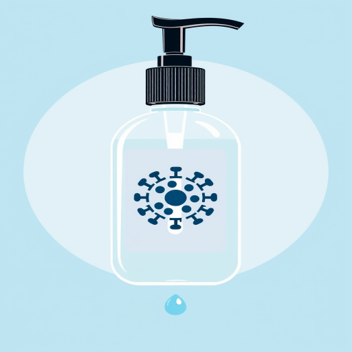create an illustration of a hand sanitizer bottle featuring a virus symbol on its label, set against a light blue circular background, with a droplet falling from the dispenser, shot using a Canon EOS R with a 50mm lens, aperture f/2.8, shutter speed 1/125s, and ISO 200 for enhanced image clarity and vibrancy.