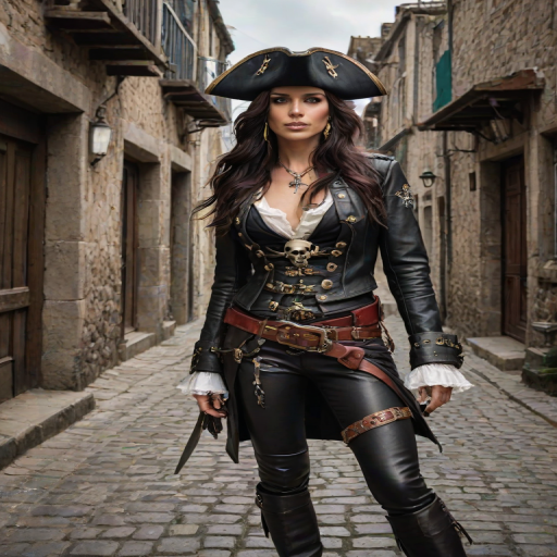 Create a portrait of a fierce female pirate. She wears a leather tricorn hat adorned with a skull and crossbones emblem, and her long, dark hair flows around her face. Her outfit consists of a richly detailed leather jacket, a corset, and multiple layers of belts and accessories, giving her a formidable and stylish appearance. She stands confidently in a dimly lit, historic port town, with a backdrop of weathered buildings and cobblestone streets, capturing the adventurous spirit of a pirate.