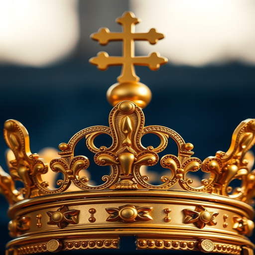 Create a highly detailed image of a golden crown with ornate designs and a cross on top, captured with a DSLR camera at f/1.8, 50mm lens, ISO 100, in natural light to enhance texture and depth, with a shallow depth of field for a soft background blur.