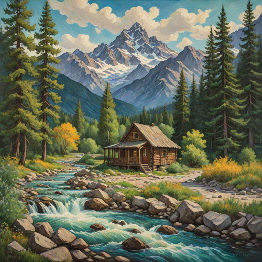 This Van Gogh-inspired painting depicts a peaceful scene of a small cabin located near a flowing river. The scene is surrounded by lush vegetation, including tall trees and rocky terrain. In the background, majestic mountains rise under a sky filled with rolling clouds. The river gently cascades over the rocks, adding a sense of movement and tranquility to the scene. The use of vibrant colors and detailed brushstrokes create a sense of depth and harmony in the natural setting.