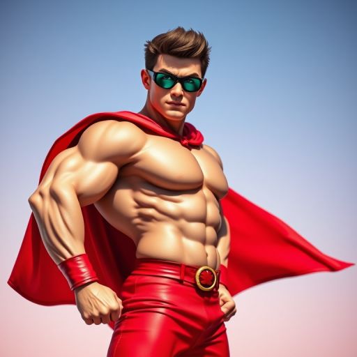 Create a vibrant superhero character with a red cape and muscular build, dynamic pose, colorful gradient background, 50mm lens, f/2.8 aperture, ISO 100, shot in bright daylight with a focus on the character's expression.
