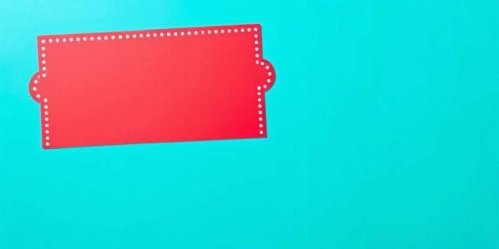 Create a vibrant red banner with a decorative scalloped shape and white dotted border on a solid turquoise background, captured with a DSLR camera at f/2.8 aperture, 50mm lens, ISO 100, shot from a top-down perspective for enhanced clarity and color vibrancy.