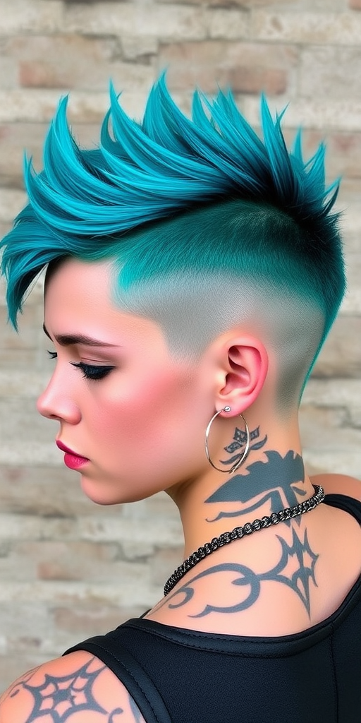 Edgy rebel flaunting a daring undercut pixie with a vibrant teal top section, styled in textured spikes and accented with intricate shaved designs