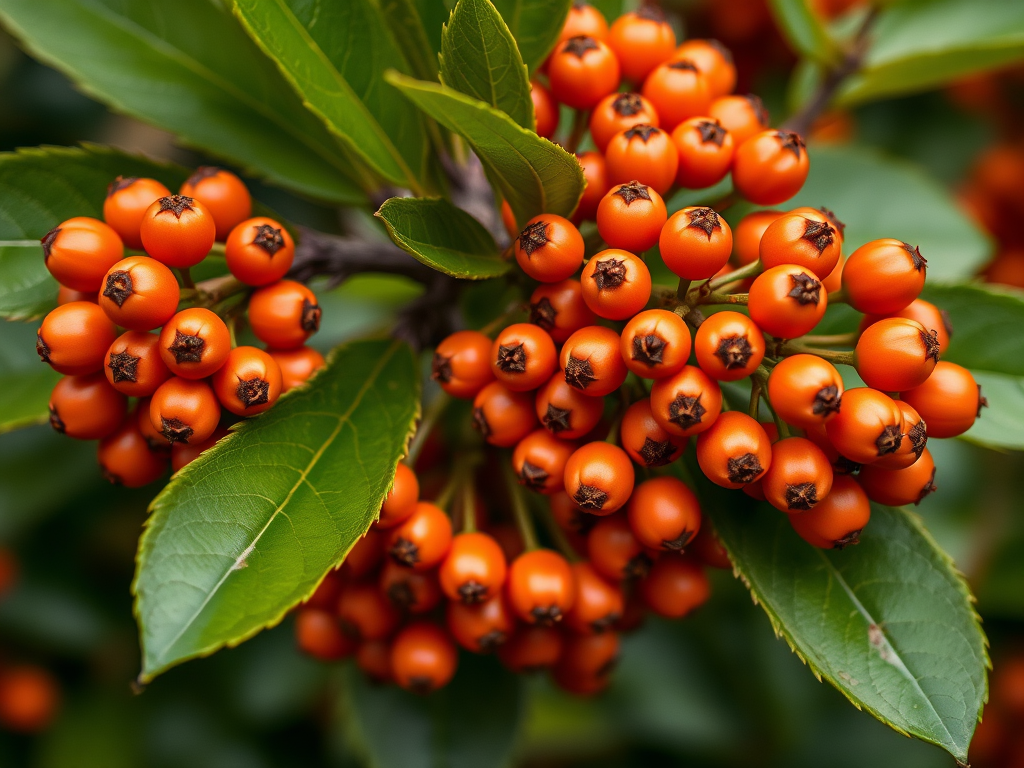photo of clusters of bright orange berries on green leaves, macro shot, f/2.8 aperture, 50mm lens, ISO 100, natural light, DSLR camera