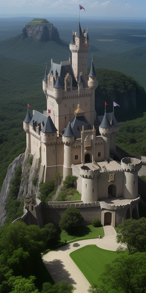 Majestic Castle Surrounded by Lush Green Forest and Towering Mountains