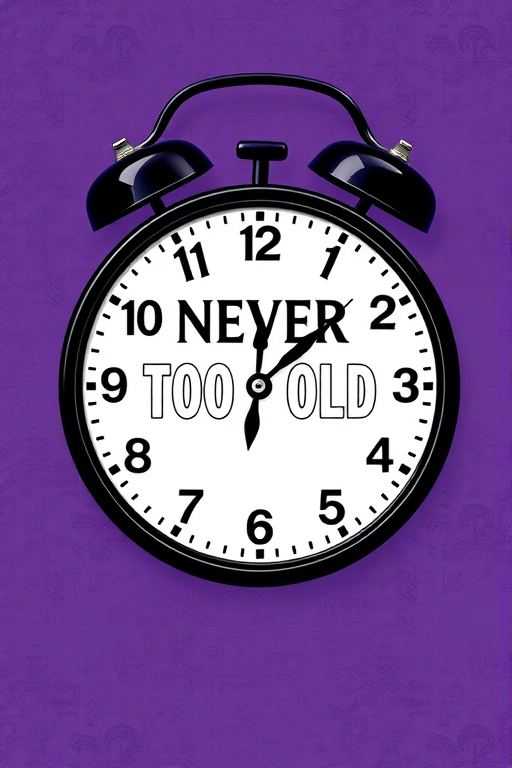 Create a high-resolution graphic representation of a stylized clock featuring the phrase "NEVER TOO OLD" in a bold, modern font centered above the clock face, with the hour hand pointing at 11 and the minute hand at 12, set against a textured purple background, using a DSLR camera with a 50mm lens, f/1.8 aperture, ISO 100, and a shallow depth of field for enhanced image quality.