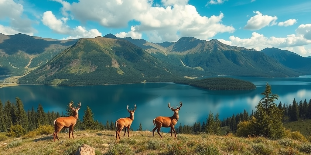 Create a vibrant landscape image featuring a serene lake surrounded by mountains, lush greenery, and two deer in the foreground, captured with a Canon EOS R5, 35mm lens, f/8 aperture, ISO 100, and a wide-angle view to enhance depth and detail.