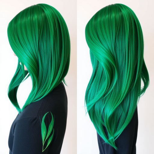 Striking emerald green bob with asymmetrical layers, designed by Jade Evergreen, boasting a sleek shine and subtle blue undertones, accented with hand-painted gold leaf patterns along the edges