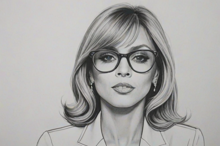 Gorgeous Cathy Guetta, pencil sketch, portrait of Ravishing woman 1945s in glasses, hair style beatnik, outline, clear lines, fine lines, 8k