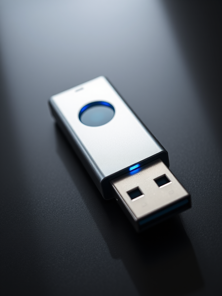 High-resolution image of a sleek silver USB flash drive with a blue indicator light, captured with a Canon EOS R5, 50mm lens, aperture f/2.8, ISO 100, natural lighting, 45-degree angle view for optimal detail and texture.