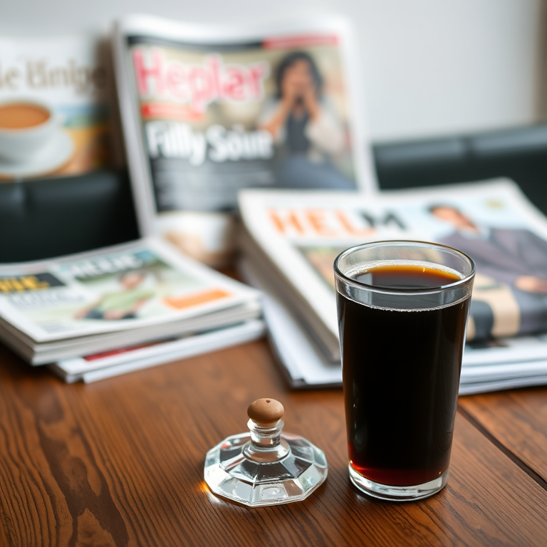 A glass of dark beverage on a wooden table with magazines in the background, shot with a 50mm lens, aperture f/1.8, ISO 200, natural light, soft focus, DSLR.