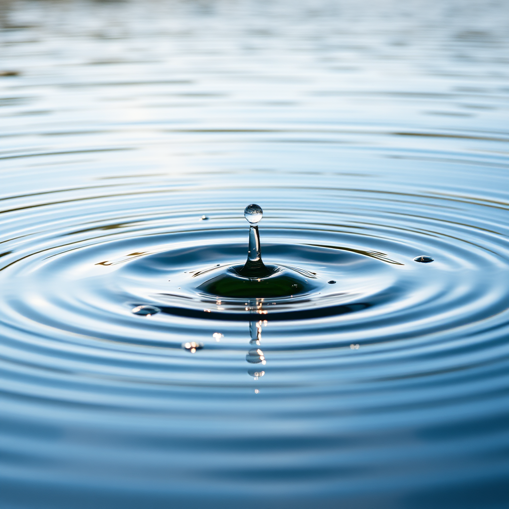 Capture a high-resolution image of a water droplet creating ripples in a serene lake, using a DSLR camera with a 50mm lens at f/2.8, shutter speed 1/1000s, ISO 200, in natural light, from a low angle to emphasize the splash and ripples in the foreground.
