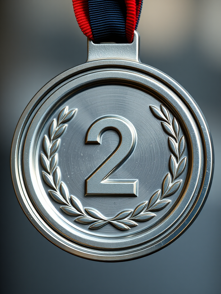 Create an ultra-high-resolution image of a silver medal with a smooth metallic surface, featuring the number 2 and a laurel wreath design, shot with a DSLR camera at f/2.8 aperture, 50mm lens, and ISO 100, using natural lighting and a slightly blurred background for emphasis.