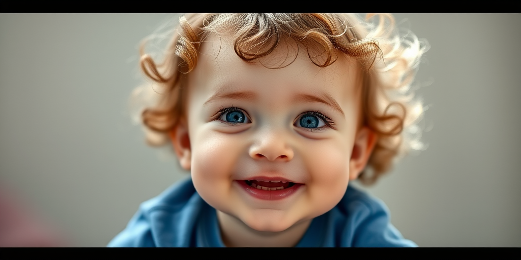 Create a hyper-realistic portrait of a smiling baby with curly hair and bright blue eyes, wearing a soft blue shirt, natural light, 50mm lens, f/1.8 aperture, ISO 100, taken at eye level with a Canon DSLR camera.