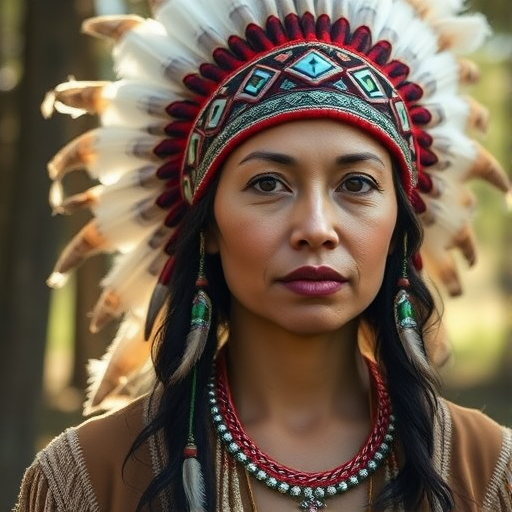 portrait of a Native American woman wearing a traditional feather headdress, soft natural lighting filtering through trees, focal length 85mm, aperture f/1.8, ISO 200, shallow depth of field, captured with a full-frame DSLR
