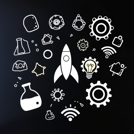 Create an illustration of doodles on a black background featuring science and technology symbols like a beaker, rocket, lightbulb, gears, and Wi-Fi icons, using a high-resolution camera setup at f/8 aperture, ISO 200, 24mm focal length, top-down angle, and natural lighting for enhanced clarity and detail.