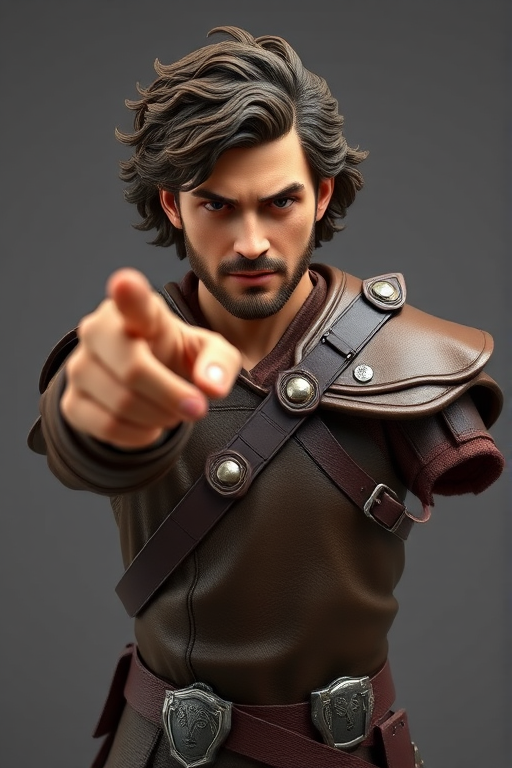 A highly detailed 3D model of a male character with curly hair, wearing brown leather armor, striking a dynamic pose as he points, captured in a studio setting with a Canon EOS R5, 85mm lens, f/1.8 aperture, ISO 100, softbox lighting for sharp contrast and high definition.