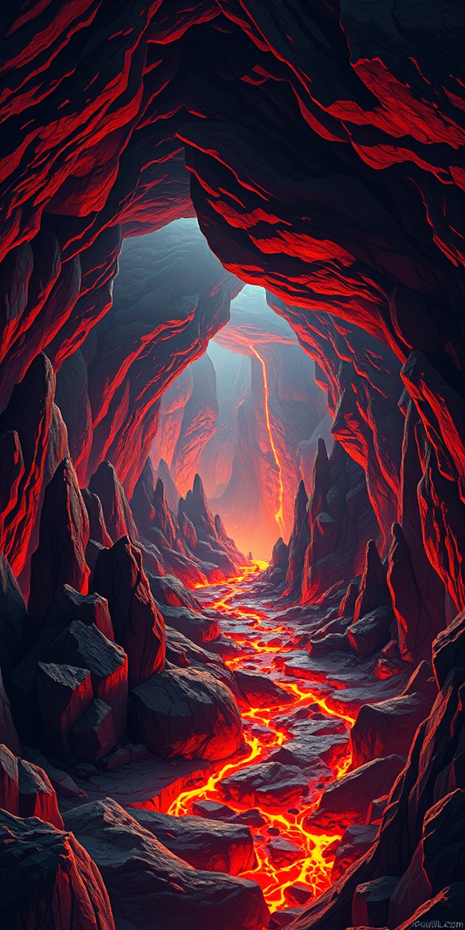 Create a high-resolution illustration of a lava-filled cave, featuring sharp, jagged rock formations and flowing lava in the center, captured with a DSLR camera at f/8, ISO 100, 24mm lens, using a wide-angle view to emphasize depth and warmth of colors in a digital art style.