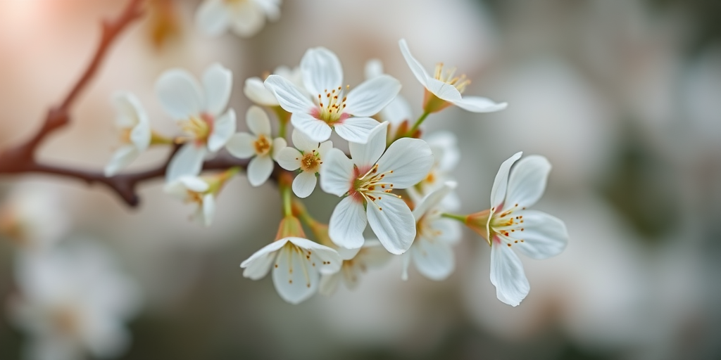 close-up of blooming white flowers on a branch with blurred background, shallow depth of field, ISO 200, aperture f/2.8, 50mm lens, natural light, DSLR camera, soft focus style