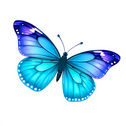 Create an illustration of a butterfly with vibrant blue and teal wings. The wings should have intricate patterns, including shades of purple and white accents. The butterfly should appear delicate and graceful, set against a clean, light background.