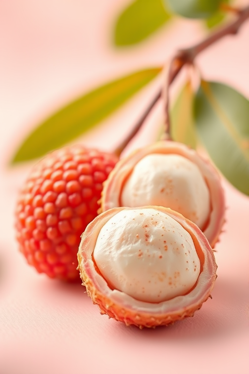 Create a high-resolution digital illustration of ripe lychee fruit, one whole and one sliced open revealing the seed, with a soft pastel background; use a Canon EOS R5 camera with a 50mm f/1.2 lens, aperture set to f/2.8, ISO 100, and a shallow depth of field for a blurred background effect.