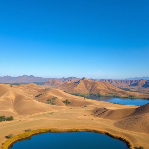 Create an ultra-realistic image of a serene landscape featuring rolling hills, a clear blue sky, and a tranquil lake reflecting the scenery, taken with a Canon EOS R5 at f/8, ISO 100, 1/125s, using a wide-angle lens from a high vantage point to capture the expansive view.