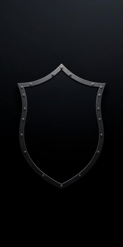 Create a high-contrast image of a blank shield design on a black background, using a DSLR camera with a 50mm lens at f/2.8, ISO 100, and shutter speed of 1/125s, capturing from a straight-on view with soft lighting to enhance the edges and details of the shield.