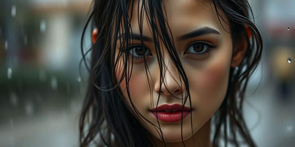 Capture a close-up portrait of a young woman with wet hair and a serene expression under falling rain, using a Canon EOS R5, 85mm f/1.2 lens, aperture at f/1.8, 1/250 sec shutter speed, ISO 200, soft natural light.