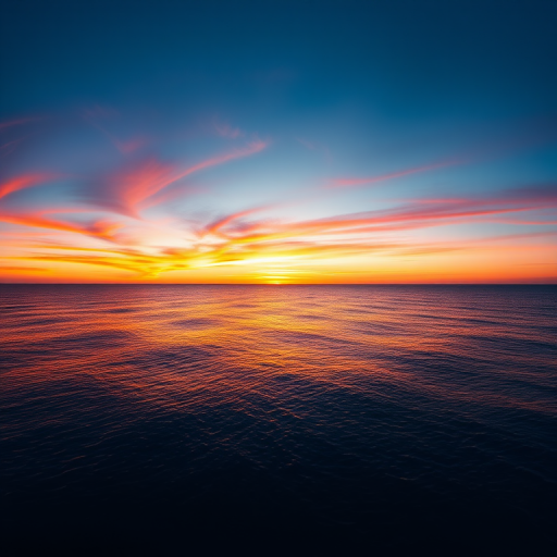 Capture a serene ocean sunset with vibrant orange and blue gradients, using a DSLR camera, 24mm lens, aperture f/8, ISO 100, shutter speed 1/200s, panoramic view, emphasizing the smooth water surface and distant horizon, in twilight conditions for enhanced color saturation.